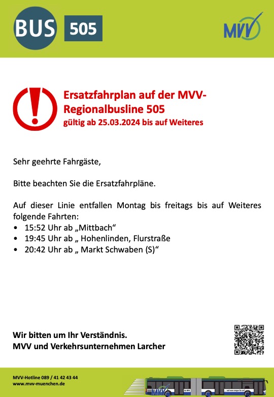 ÖPNV; MVV-Linien 505/515/568 - Ersatzfahrpläne ab 25.03.24 bis auf weiteres